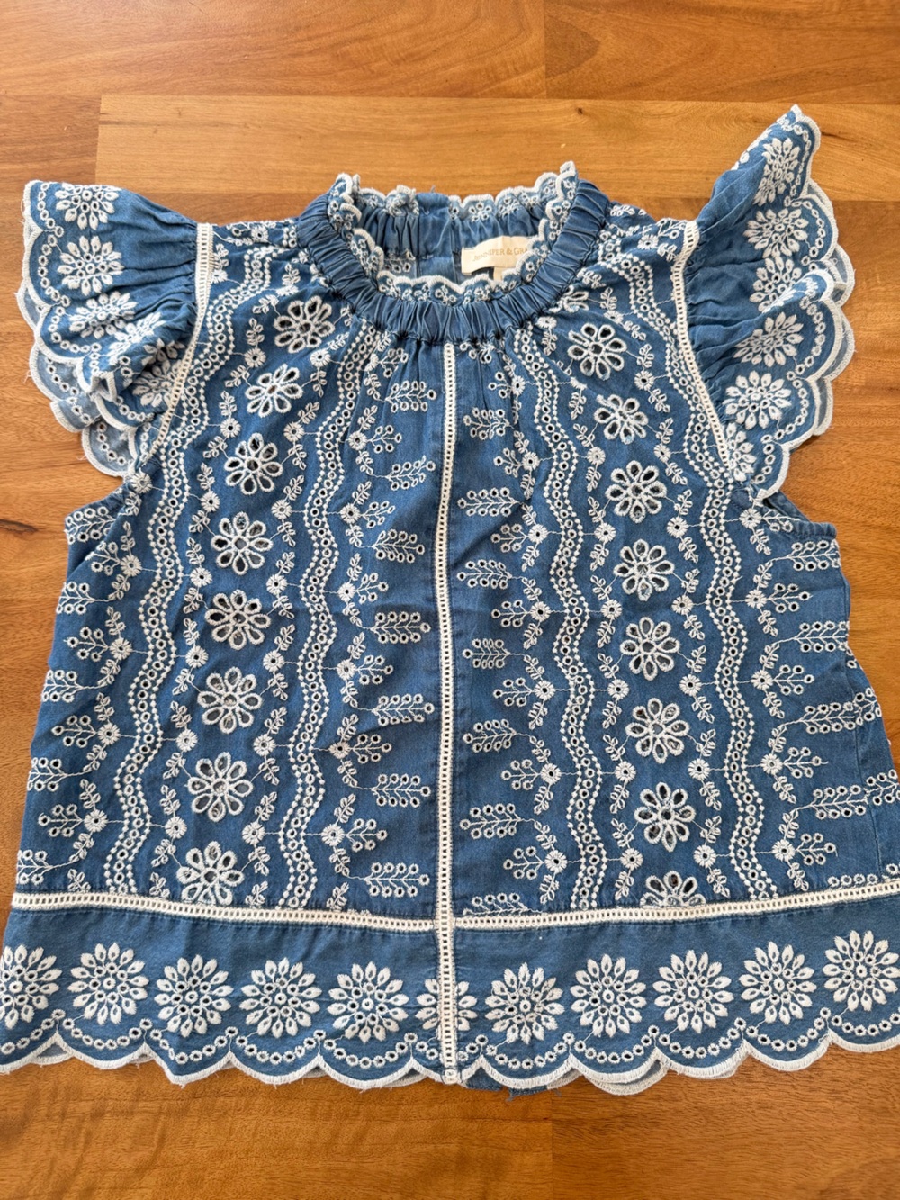 Jennifer & Grace Blue & White Embroidered Flutter-Sleeve Cotton Blouse Size M
